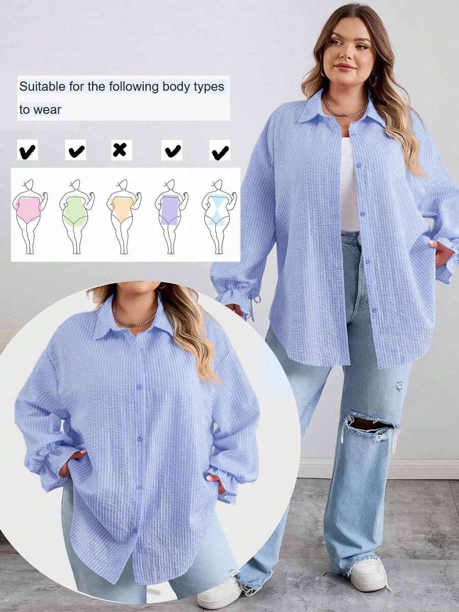 SHEIN CURVE+ Curves 大码返校季/返校季大码反季弧形下摆衬衫，秋冬长袖粉色条纹，女教师款，秋季女装 - 藍色 - 查看 1