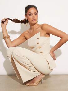 Silquee Women's Strapless Single-Breasted Metal Button Asymmetrical Hem Top And Wide-Leg Pants Fashion Party & Commute Suit - Beige - View 1