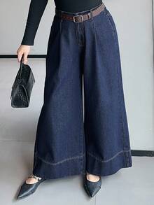 Dazy Plus Plus Size Women Dark Wash Loose Wide Leg Jeans With Visible Seam, All Season - Dark Wash - View 8