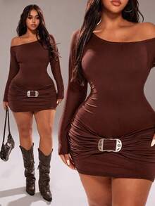 Rustia Sexy Bodycon Asymmetric Shoulder Ruched Waist Mini Dress Fall Cloth For Women - Brown - View 1
