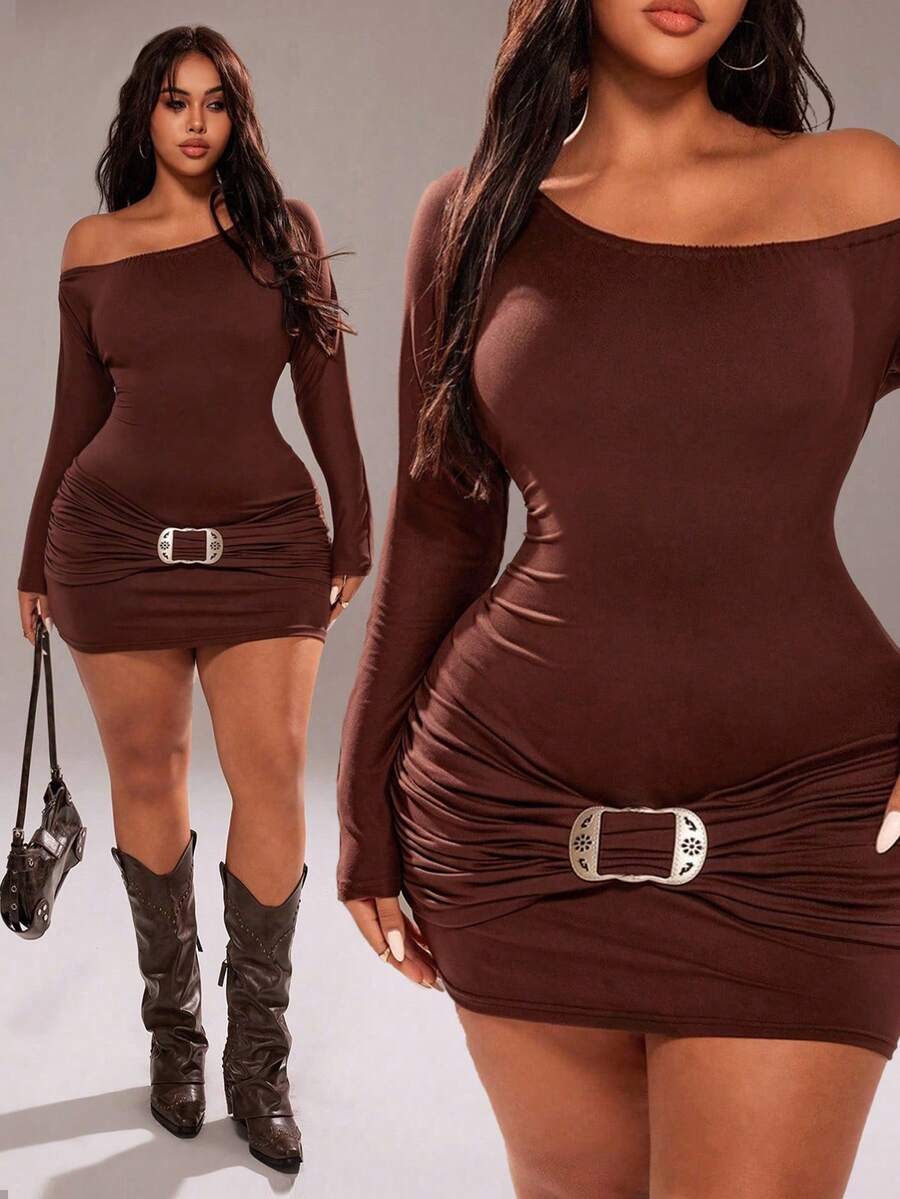 Rustia Sexy Bodycon Asymmetric Shoulder Ruched Waist Mini Dress Fall Cloth For Women - Brown - View 1