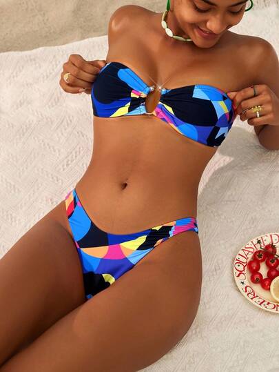 Swim Vcay Women's Summer Beach Geometric Print Bandeau Sexy Bikini Swimsuit Set