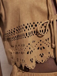 Maija Women's Fashion Casual Solid Color Hollow Out Twist Vest Tan Two Pieces Set Women Brown Two Pieces Set Women Suede Two Pieces Set Women Two Pieces Pants Set Two Pieces Set Modern Vacation Nomadic Casual Fashion All-Match Women's Country Concert Clothing Western Style Women's Clothing Nomadic Style Bohemian High-End Elegance All-Match Country Concert Clothing Exotic Atmosphere, Country Concert, Western Style Clothing, High-Grade Fabric, Comfortable And Breathable