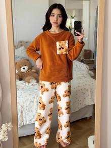 SHEIN 少女棕熊图案口袋运动衫和柔软毛绒熊印花睡裤两件套睡衣套装，舒适秋冬