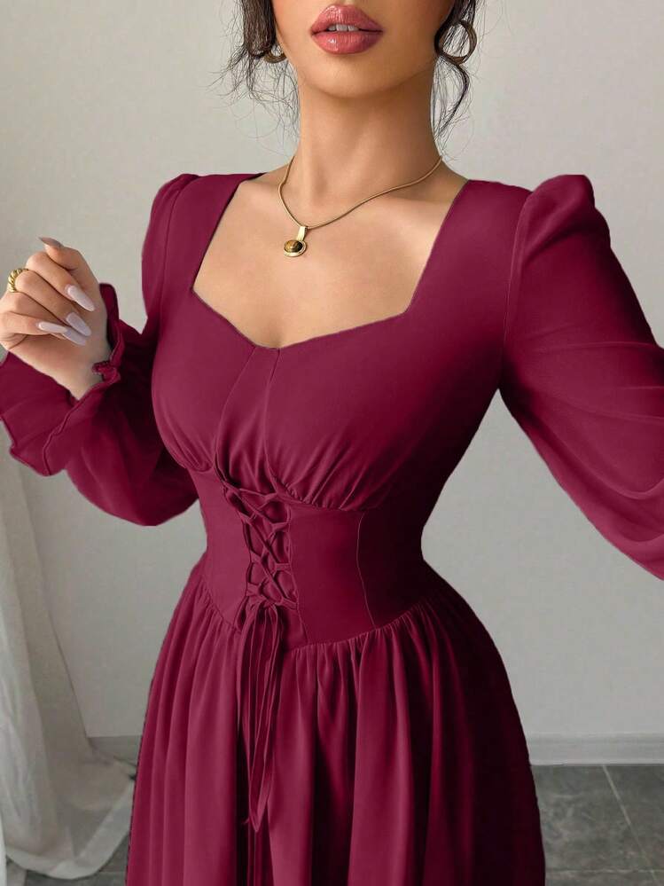 Modelyn Effen damesjurk met lange mouwen en sweethearthals, elegant en hoogwaardig getailleerde jurk - Bordeaux - Bekijken 3