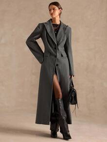 SHEIN BAE 秋冬高级纯色收腰长款大衣 - 深灰色 - 查看 6