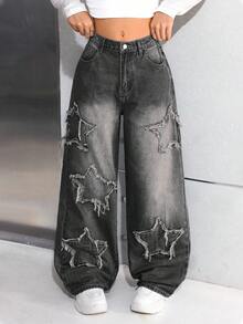 SHEIN 少女 Y2k 时尚休闲宽松阔腿牛仔裤，星星拼接，阔腿裤，女孩秋季返校服装 - 黑色 - 查看 6