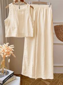 2pcs/Set Women Sleeveless Solid Color Tank Top & Pants Set, Back To School Clothes - Apricot - View 3