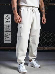 SHEIN Cottnline Men Cottonline Cargo Pockets Drawstring Waist Regular Sweatpants - Grey - View 1
