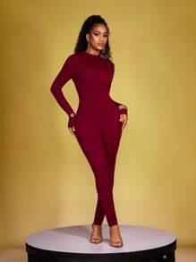 INAWLY Women Solid Color Elastic Skinny Jumpsuit For Autumn Fall Cloth For Women - Burgundy - View 4