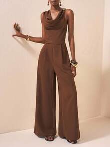 Zivah 2025 Autumn New Music Festival, Easter, St. Patrick's Day, Western, Nomadic, Birthday Party, Graduation, College Style, Student Wear, Daily Casual, All-Match Versatile, Leisure, Vacation, Cruise Travel, Beach, Sunbathing, Viral , Streetwear, Wedding Guest Boho, Commute, Brunch, Airport, Plunging Neckline Floral Metal Decor Sleeveless Brown Linen Textured Crinkle Fabric Wide Leg Jumpsuit