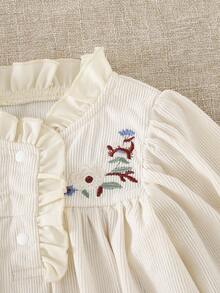 Souflis Souflis Vintage elegantes, luftiges, bequemes Rüschen-Kleid mit floraler Stickerei aus Cord-Stoff in Apricot, Langarm, für Baby Mädchen, 3 Monate - 3 Jahre