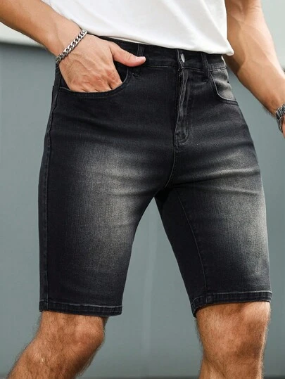 Manfinity Homme Men's Casual Elastic Black Denim Shorts, Street Style Boyfriend & Husband Stretch Washed Black Loose Wide Leg For Vacation Denim Shorts