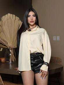 Steff Loaiza Women's Simple Casual Loose Fit Long Sleeve Buttoned Shirt In Light Yellow