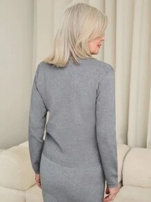 SHEIN LUNE 女士纯色圆领长袖简约上衣，日常休闲穿着 - 灰色 - 查看 2