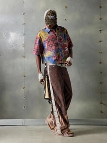 NEON BLANC Men's Tie-Dye Plaid Rhinestone Embellished Denim Shirt, Suitable For Halloween - Red - View 2