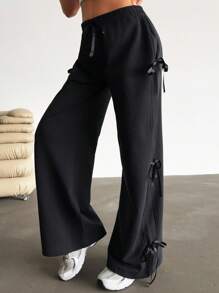 RueChic Edgy Comfort: Black Joggers With Satin Side Ribbon Detailing - Black - View 3