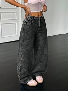 SHEIN PETITE 90年代女款基礎休閒寬鬆藍色牛仔褲 蝴蝶結牛仔褲 返校牛仔褲 韓系時尚 寬鬆女牛仔褲 蝴蝶結牛仔褲 高個女款/嬌小女款 - 黑色 - 查看 2
