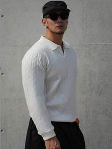 DAZY Cream-White Solid Color Polo Collar Textured Knit Sweater For Men, Autumn