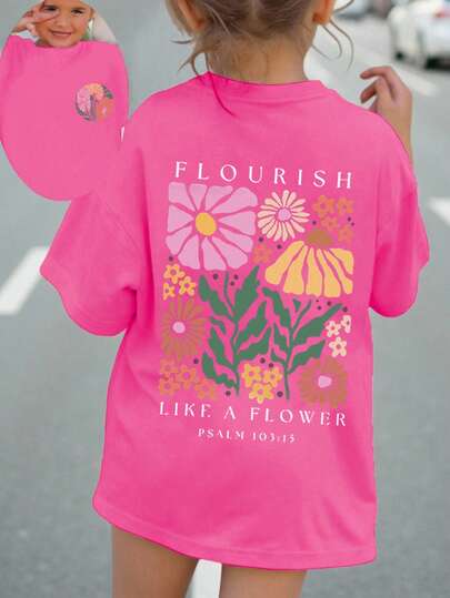 Young Girl Casual Vintage Floral & Letter Print Short Sleeve T-Shirt, Fashionable & Comfortable, Spring/Summer, School, Campus, College Summer Holiday