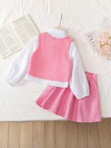 Elladie kids 三件套时尚可爱女童套装：蝴蝶结刺绣背心+系带长袖衬衫+百褶裙，学院风，秋冬款 - 粉色 - 查看 2