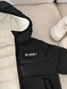 SHEIN Baby Boys Black Winter Thermal Lined Hooded Zip-Up Padded Coat, Casual All-Match Versatile Soft Comfortable Outerwear Suitable For Playing In Snow Fall - Black - View 3