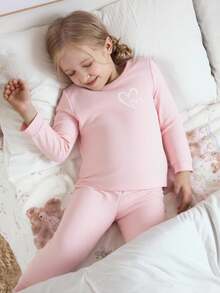 1 Set Young Girl Base Layer, Vibrant Pink Heart Print Soft Stretchy Fabric Long Sleeve Top And Pants Matching, Comfortable Fit And Easy Care (1 Set Sold Separately)