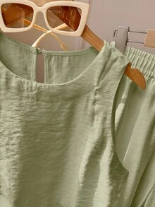 2pcs/Set Women Solid Color Sleeveless Top And Leggings Set