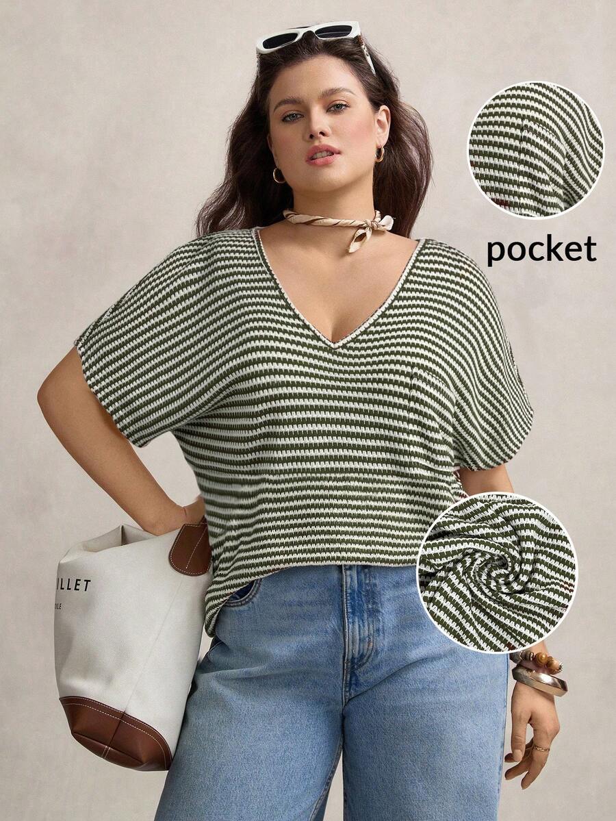 Zelara 大码女式条纹V领露肩袖休闲T恤 波西米亚风夏季复古风 适合春假、锐舞音乐节等场合 - 橄欖綠 - 查看 1