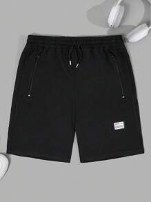 RueChic Men Drawstring Waist Zipper Pocket Patched SS Fashion Shorts Regular Short Gift For Boyfriend - Black - View 2
