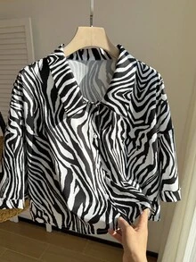 Comfortcana 大码休闲日常斑马纹前扣短袖衬衫 - 黑色 - 查看 4