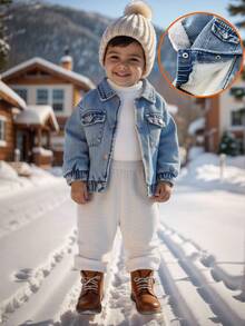 SHEIN Unisex Baby Boy Fuzzy Cardigan Jacket, Casual Cute Versatile Thermal Lined Blue Collar Outerwear For Autumn/Winter Fall - Multicolor - View 6