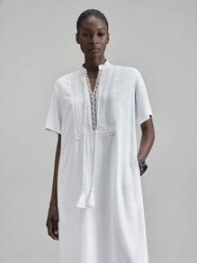 Ontre 2025 亚麻面料秋冬四季连衣裙，秋冬服装，返校装，万圣节服装，圣诞节服装，女教师制服，夜间外出连衣裙，商务休闲长款连衣长裙，飘逸流苏和蕾丝边，加大码 - 白色 - 查看 4