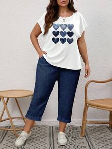 EMERY ROSE 2pcs/Set Plus Size Women Faux Denim Texture Heart Print Short Sleeve Top And Pants Casual Outfit Suitable For Going Out,Holiday Outfits For Women - Navy Blue - View 1