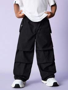 SHEIN Young Boy Casual Korean Letter Elastic Waist Loose Solid Color Woven Pants, Suitable For School, Garden, Beach, Birthday Party, Spring, Summer, Autumn, Winter - Black - View 6