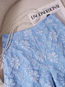 SHEIN LUNE 女士花卉提花宽腿宽松短裤 - 藍色 - 查看 4