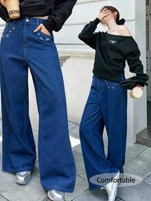 SHEIN EZwear Jeans anchos y sueltos de mezclilla azul oscuro con decoración de rhinestones para mujer, atuendos de otoño, atuendos para salir, atuendos casuales de negocios, estilo old money, atuendos casuales de negocios para mujer - Azul lavado medio - Ver 1