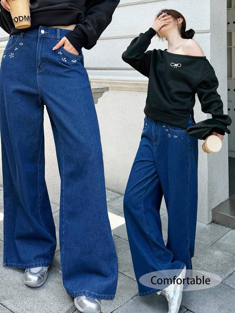 SHEIN EZwear Jeans anchos y sueltos de mezclilla azul oscuro con decoración de rhinestones para mujer, atuendos de otoño, atuendos para salir, atuendos casuales de negocios, estilo old money, atuendos casuales de negocios para mujer - Azul lavado medio - Ver 1