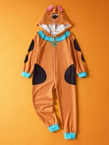 SCOOBY-DOO X SHEIN 小男孩棕色可爱狗狗印花 3D 耳朵连帽衫，适合秋冬季、万圣节、派对和聚会 - 棕色 - 查看 1