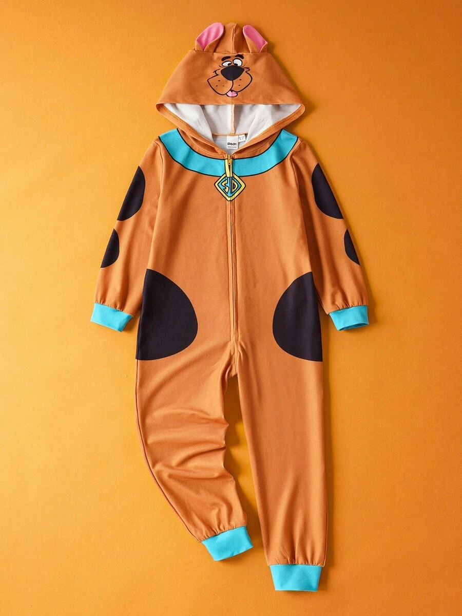 SCOOBY-DOO X SHEIN 小男孩棕色可爱狗狗印花 3D 耳朵连帽衫，适合秋冬季、万圣节、派对和聚会 - 棕色 - 查看 1