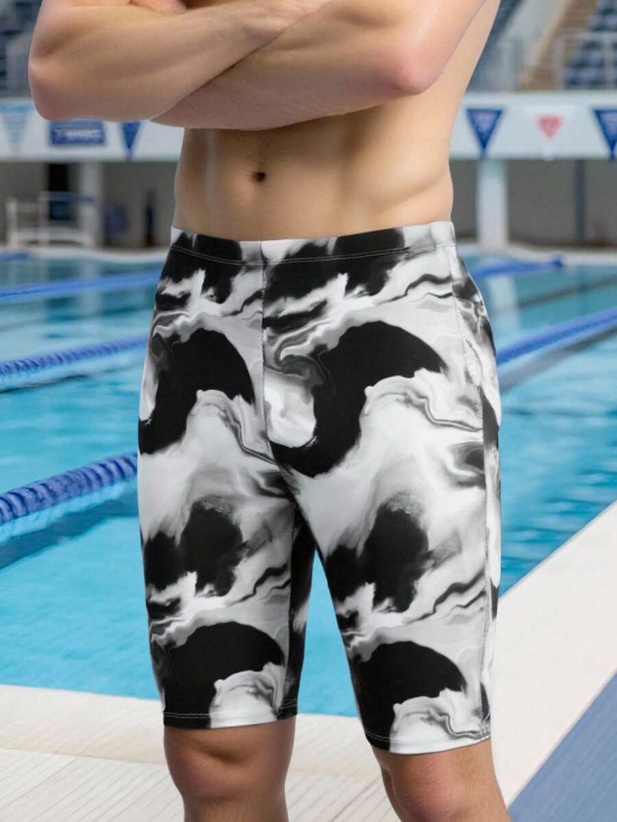 Surfspeed Men's Summer Vacation Pool Tie-Dye Print Swim Trunks - Black and White - View 1