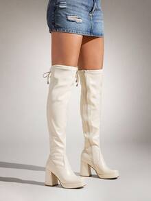 SHUZIA Botas Over-Knee de Plataforma com Bico Quadrado Confortáveis e da Moda para Mulheres - Branco - Visão 6