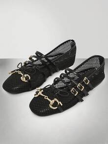 Solezae 女士方头网眼玛丽珍芭蕾平底鞋——舒适百搭的经典必备单品 - 黑色 - 查看 2