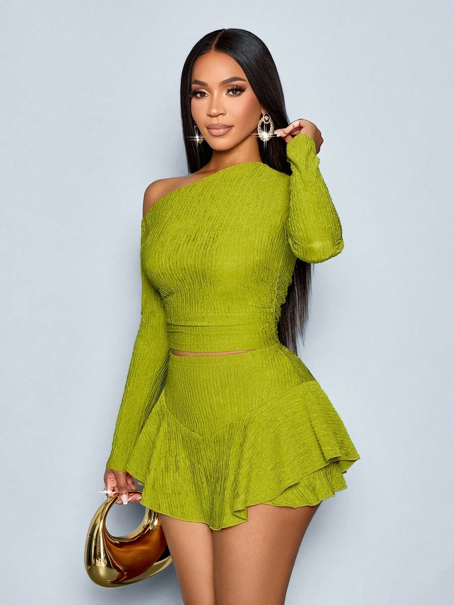 SOLERSUN Women's Green Elegant Asymmetrical Neck Long Sleeve Top And Asymmetric Shorts Two Pieces Set, Graduation Fall, Christmas Women's Clothing - Green - View 1