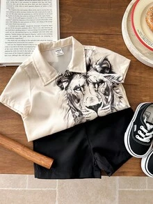 SHEIN 2 件套婴儿男孩/女孩休闲舒适时尚街头服饰狮子印花衬衫和短裤套装，适合春夏季 - 卡其色 - 查看 6