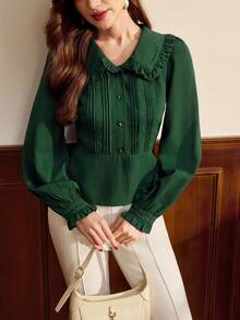 Vintamour Vintage Classic Elegant Women's Blouse, Fitted Ruffle Collar Blouse, Striped Floral Lace Trim Blouse, Long Sleeve Button-Up Blouse, Moss Green - Dark Green - View 4