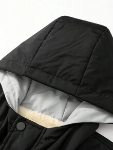 Manfinity Homme Jaket Musim Dingin Kasual Pria Ukuran Besar Warna Polos Lengan Panjang Berkerudung dengan Resleting Depan dan Kantong Besar Berlapis Termal - Hitam - View 3