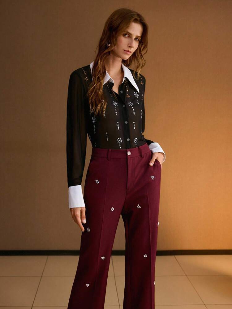 RHINESTONE FLARE LEG SUIT PANTS