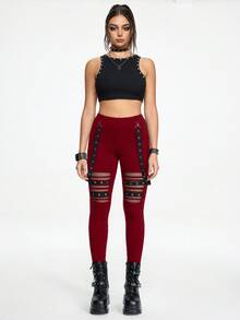 ROMWE Grunge Punk Quần legging bó sát nữ họa tiết Punk đen khoét lỗ kim loại có cạp có thể tháo rời - Màu Đỏ Sâu - Xem 2