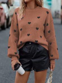 SHEIN LUNE Casual Heart Pattern Drop Shoulder Loose Knit Sweater, Autumn/Winter Fall Cloth For Women - Brown - View 4